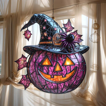 Purple Pumpkin Stained Glass - Personalized Suncatcher Ornament
