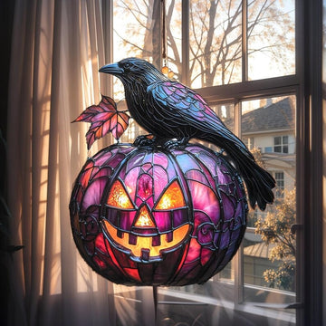 Raven Pumpkin Jack O Lantern Faux Stained Glass - Personalized Suncatcher Ornament