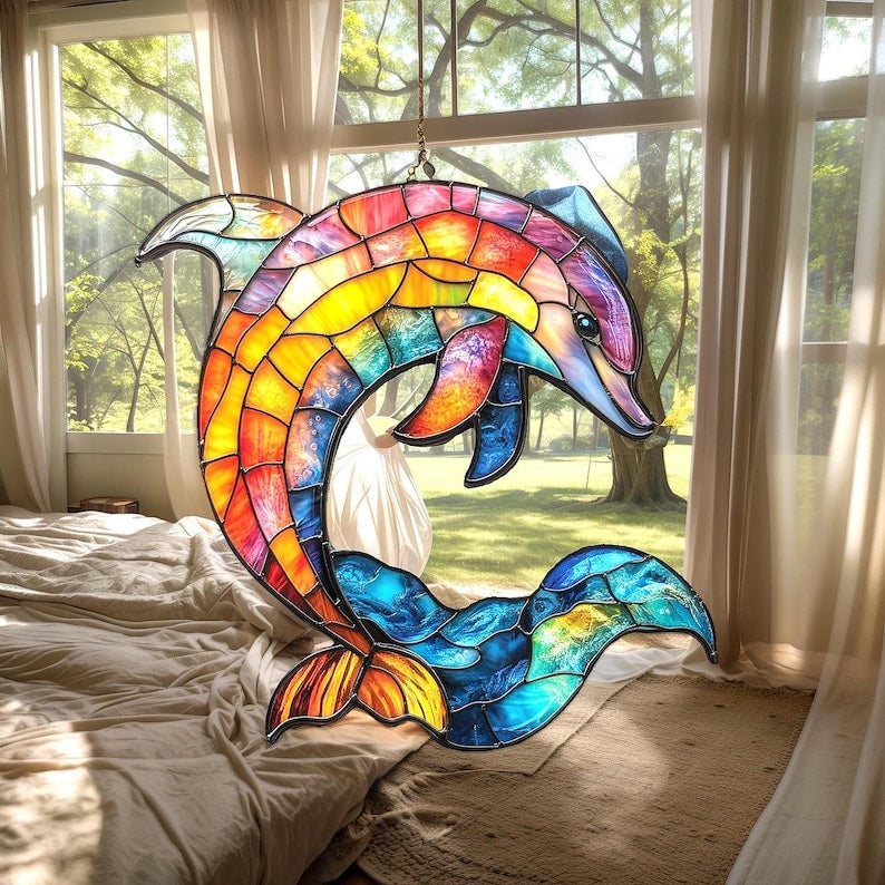 Dolphin Ocean Stained Glass - Personalized Suncatcher Ornament