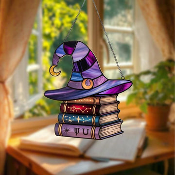 Witch Hat Book Stack Stained Glass - Personalized Suncatcher Ornament