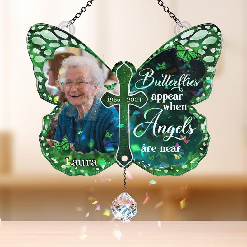 I Am Always With You Butterfly Holographic Custom Photo Stained Glass - Personalized Suncatcher Ornament
