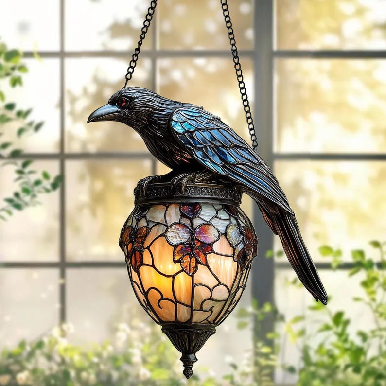 Raven Gothic On Lantern Stained Glass - Personalized Suncatcher Ornament