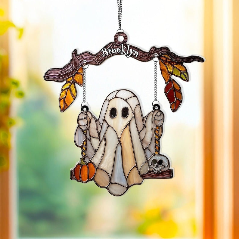 Funny Ghost On Swing Stained Glass - Personalized Suncatcher Ornament