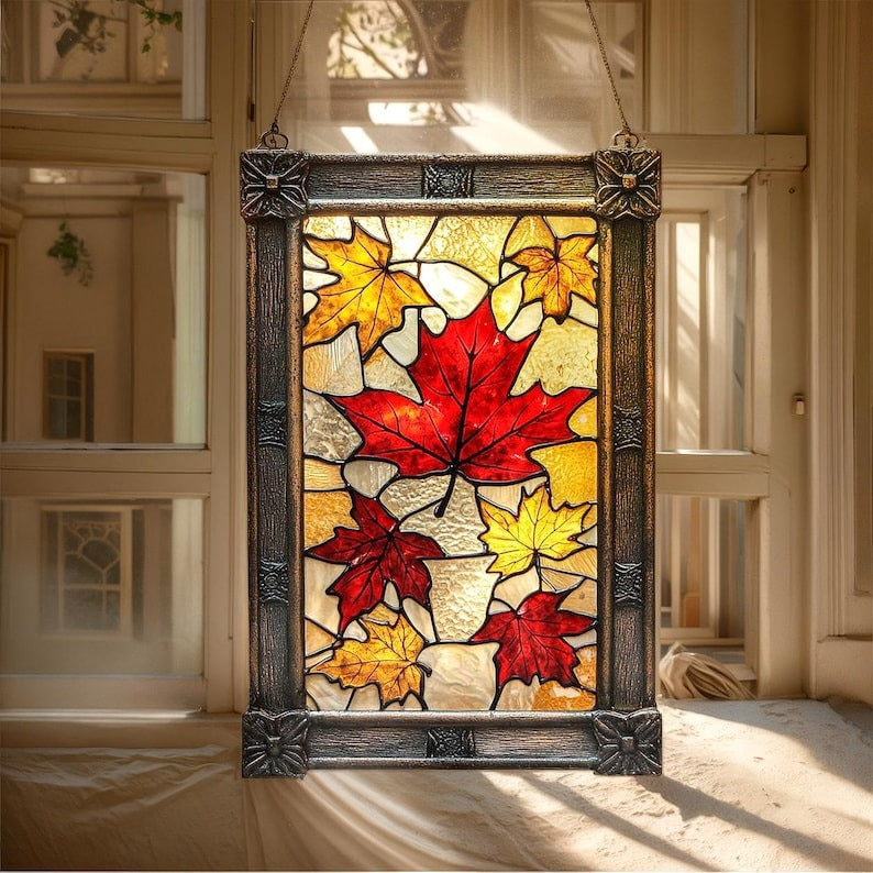 Autumn Maple Leaves Stained Glass - Personalized Suncatcher Ornament