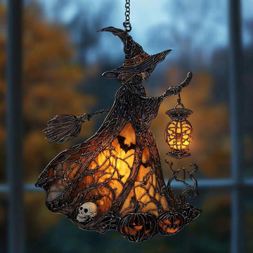 Witch Lantern Spooky Witch Stained Glass - Personalized Suncatcher Ornament