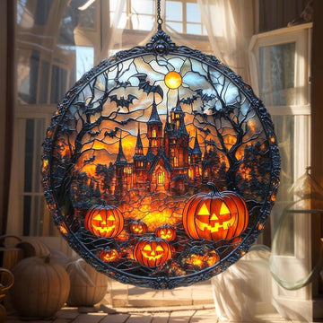 Haunted Castle Faux Stained Glass - Personalized Suncatcher Ornament