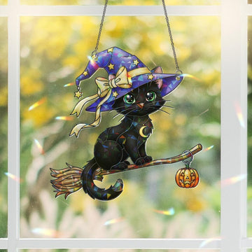 Black Cat Witch Halloween Cute Broom Pumpkin Stained Glass - Personalized Suncatcher Ornament