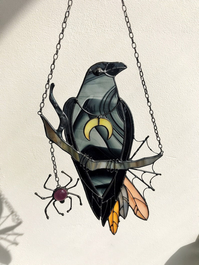 Raven With Lantern Stained Glass - Personalized Suncatcher Ornament