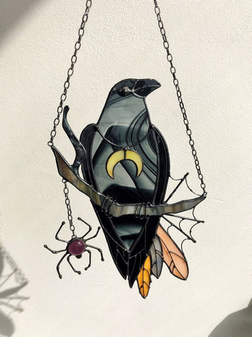 Raven With Lantern Stained Glass - Personalized Suncatcher Ornament