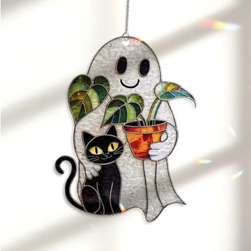 Cute Ghost Plant And Cat Wavy Hologram Stained Glass - Personalized Suncatcher Ornament