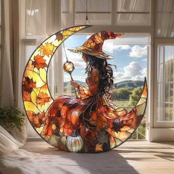 Autumn Witch Stained Glass - Personalized Suncatcher Ornament