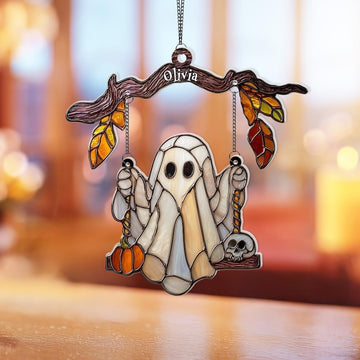 Funny Ghost On Swing Lover Stained Glass - Personalized Suncatcher Ornament