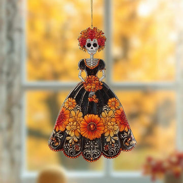 Day Of The Dead Floral Skeleton Faux Stained Glass - Personalized Suncatcher Ornament