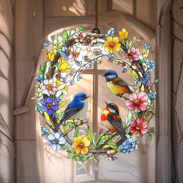 Spring Birds Floral Stained Glass - Personalized Suncatcher Ornament
