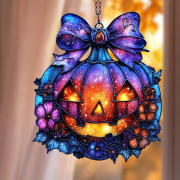 Halloween Pumpkin Jack-O'-Lantern Faux Stained Glass - Personalized Suncatcher Ornament