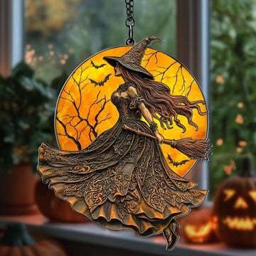 Witch Halloween Stained Glass - Personalized Suncatcher Ornament