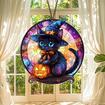 Halloween Black Cat Witch Pumpkin Stained Glass - Personalized Suncatcher Ornament