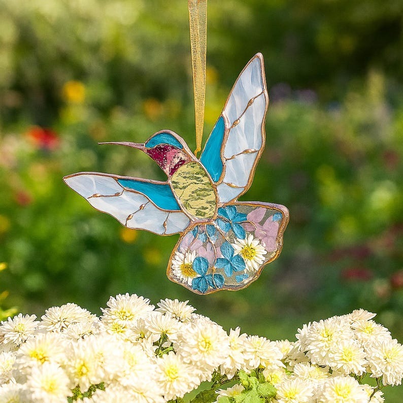 Hummingbird Floral Stained Glass - Personalized Suncatcher Ornament