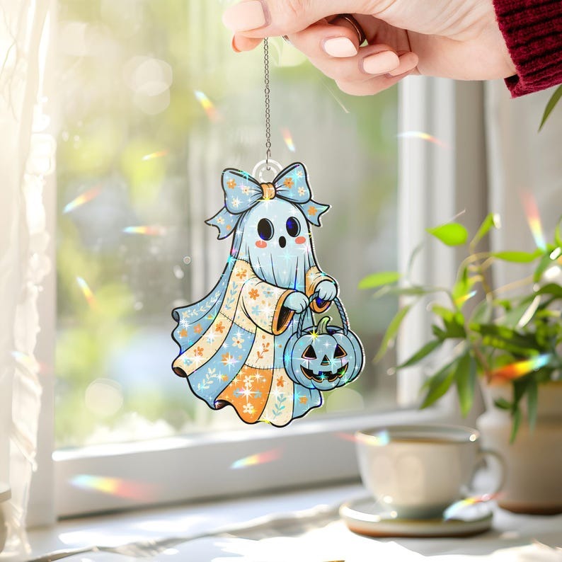 Ghost With Pumpkin Basket Stained Glass - Personalized Suncatcher Ornament