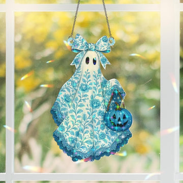 Elegant Ghost With Pumpkin Basket Stained Glass - Personalized Suncatcher Ornament