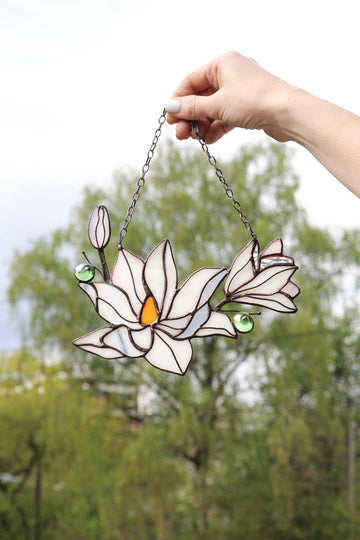 Magnolia White Flower Stained Glass - Personalized Suncatcher Ornament