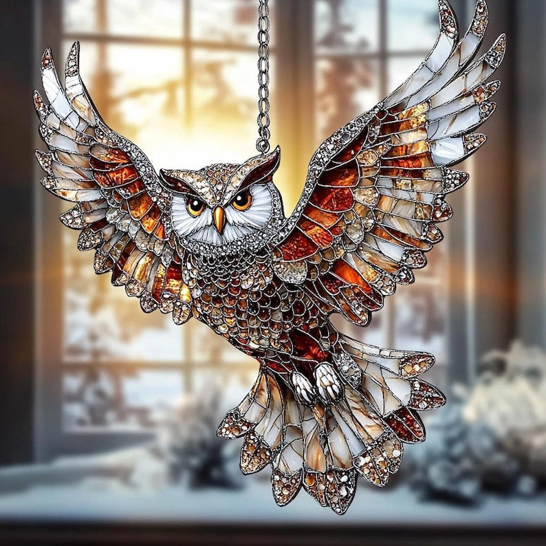 Flying Owl Stained Glass - Personalized Suncatcher Ornament