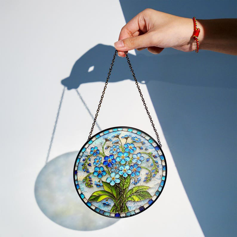 Forget Me Not Botanical Stained Glass - Personalized Suncatcher Ornament