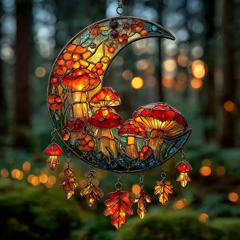 Mushroom Moon Stained Glass - Personalized Suncatcher Ornament