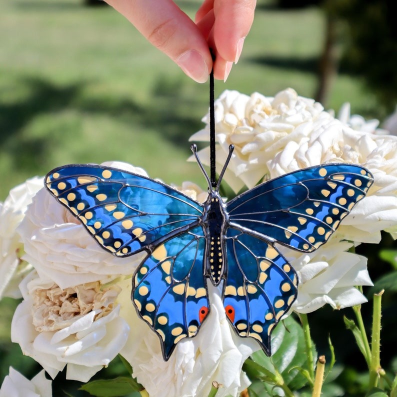 Black Swallowtail Butterfly Stained Glass - Personalized Suncatcher Ornament
