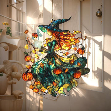 Pumpkin Witch Stained Glass - Personalized Suncatcher Ornament