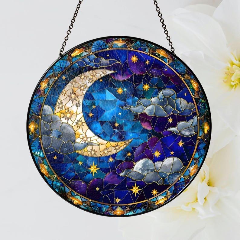 Moon And Star Stained Glass - Personalized Suncatcher Ornament