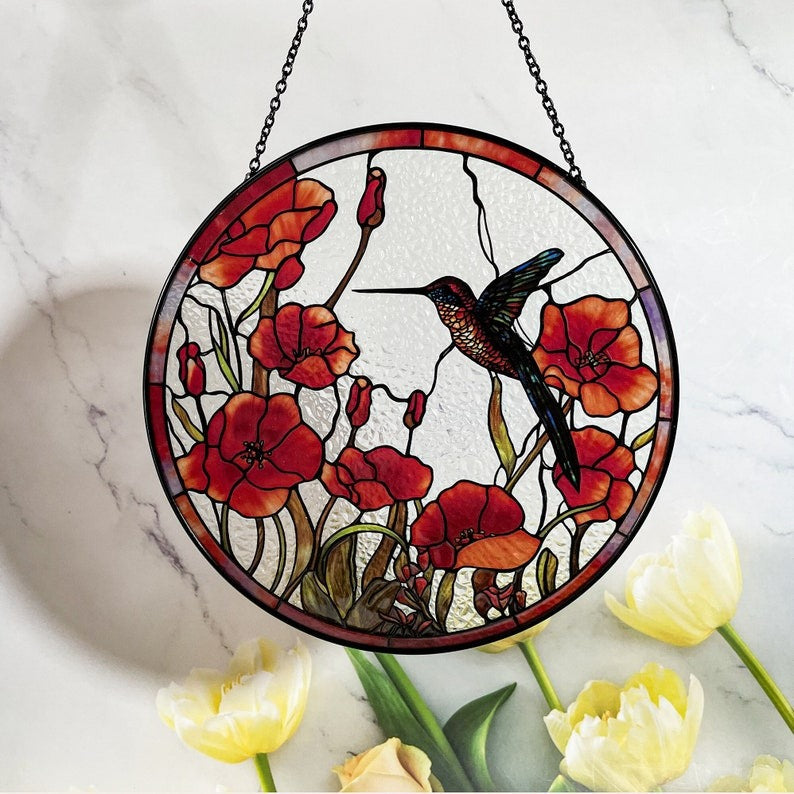 Hummingbird Poppy Stained Glass - Personalized Suncatcher Ornament